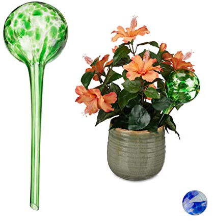 Relaxdays Set da 2 Sfere per Irrigazione, Dosatori di Piante, Irrigatori per Ufficio, Vacanza, Ø 9 cm, Vetro, Verde