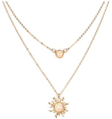 tenghong2021 Collana girocollo a doppia catena, con ciondolo a forma di luna e sole, con opale e girasole, regalo per donne e mamme, Metallo, Ambra, opale