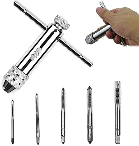 CENPEK Verstellbarer T-Griff Ratschen-Gewindebohrer-Halter, Gewindeschneider-Set mit 5 Stück M3-M8 Maschinenschraubengewinde, metrischer Stecker, T-f?rmiger Gewindebohrer