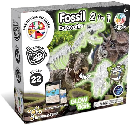 Science4you Dinosaur Fossil Excavation Kit 2 in 1 - Glow-in-the-dark Fossil Digging Kit for Kids, Build 2 Dinosaur Fossils, 22 pieces, Archeology Set - Dinosaur Toys, Games for Boys and Girls Age 6+