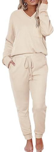 Becotal Womens Pajama Sets Waffle Knit 2 Piece Lounge Sets Sleepwear Loungewear Pjs Set Long Sleeve Maternity Postpartum Pajamas Sleep Set Beige XXL
