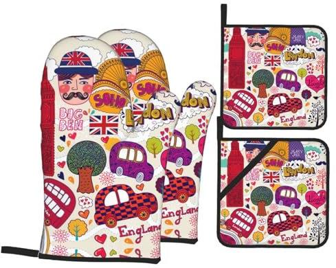 Ofenhandschuhe und Topflappen Set – hitzebeständige Handschuhe mit rutschfestem Griff zum Backen, Grillen und für die Küche, Schulzeitung auf Englisch