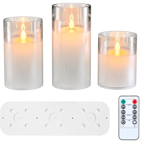 EXTSUD LED Kerzen Flackernde Flamme Kerzen mit Ladestation und Fernbedienung,3er Set Elektrische kerzen aus Glas Wiederaufladbare Flamme Wassertropfer Kerzenlicht mit Timerfunktion Weiß