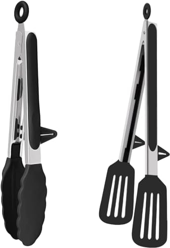 2 Pinze da Cucina Resistenti al Calore, Pinze Per Barbecue in Acciaio Inox E Silicone Alimentare con Staffa, Pinze da Cucina Resistenti al Calore -27cm Nero