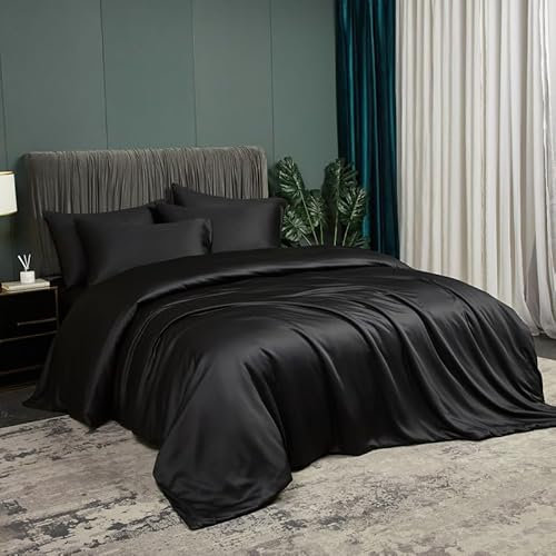 DXHOME Ropa de cama de bambú de 135 x 200 cm, 4 piezas, color negro, liso, liso, de verano, fibra de bambú, transpirable, refrescante, con cremallera y 2 fundas de almohada de 80 x 80 cm