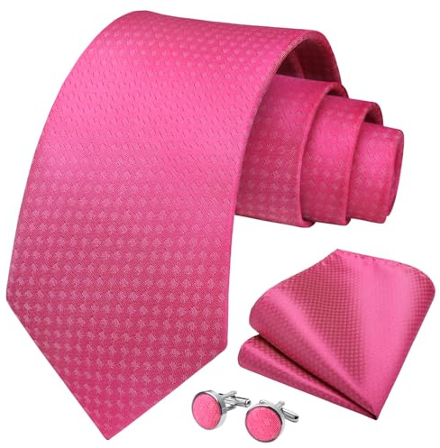 HISDERN Corbatas Rosa de Hombre Fucsia Modernas Corbata y Pañuelo de Bolsillo Gemelos Set Boda Formal Business