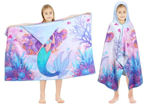Decalsweet Hooded Towel for Kids,100% Cotton Large Children's Bath Towel, Soft & Absorbent Poncho Towel for Toddlers Girls Beach Swimming,Mermaid
