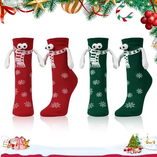 Ntwdby Lot de 2 Paires Chaussettes de NoëL Magnétiques, Chaussettes Aimantées de Noël pour Couples, Magnetic Hand Holding Socks Femme et Homme, Chaussette Aimantée de Noël, Cadeau Noel