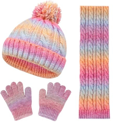 Kunyeah Set berretto, sciarpa e guanti per bambini Guanti lavorati a maglia Cappellino foderato in pile Scaldacollo per bambini e bambine dai 3 ai 10 anni (Sciarpa rosa-viola)