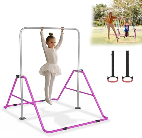 YRHome Höhenverstellbar Gymnastikstange Kinder Faltbarer Reckstange Indoor Gymnastics Bars Turngeräte Für Kinder Indoor Gym Garten Max. Belastbar 140 LBS Mit Zugring Dunkelviolett