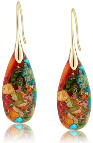AOSWUD Orecchini Colorati con Pietra Curativa Naturale,Gocce Pendenti Gocce d'acqua forma a Cerchio di Pesce, Stile Boho Orecchini di Tendenza in Oro Radioso ed Argento Elegante. (Oro)