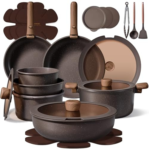 CAROTE 27pcs Pots and Pans Set Non Stick, Detachable Handle Cookware