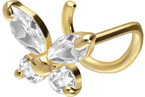 PIERCINGLINE 750er GOLD Nasenpiercing Spirale | 18 KARAT | SCHMETTERLING mit KRISTALL | Piercing Nase Stecker | Farbauswahl