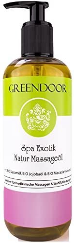 GREENDOOR Sparpackung Massageöl Exotic 500ml vegan, 100% pure Natur, BIO Sesamöl, BIO Jojoba Öl plus natur-reine ätherische Öle, natürlich ohne Tierversuche, Naturkosmetik Massage Öl, Physiotherapie