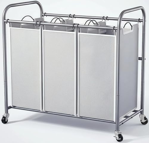 ROMOON Laundry Sorter Hamper 3 Section, Divided Laundry Basket Organizer with Heavy Duty Lockable Wheels and Removable Bags, Rolling Clothes Hamper for Apartment, Dorm & Family (135L Neutral Gray)