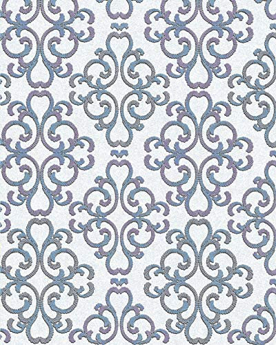 Carta da parati barocca EDEM 85037BR30 Carta da parati strutturata in stile barocco lucida bianco blu-turchese lilla argento 5,33 m2