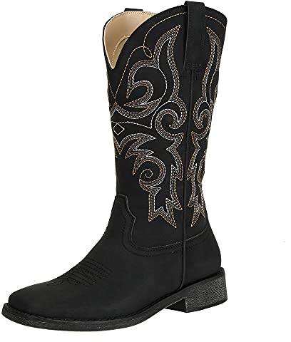 SheSole Women's Fashion Western Cowgirl Cowboy Boots Wide Square Toe Mid Calf Black US Size 11