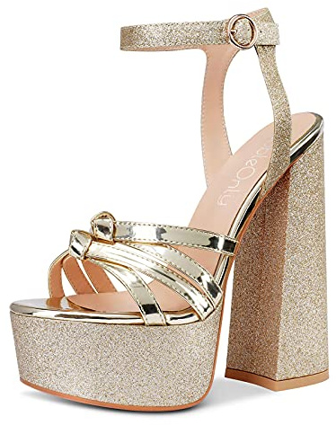 NobleOnly Femme Sandale Plateforme Slingback Bout Ouvert Escarpins Bride Cheville 15CM Bloc High Heels Or Glitter Chaussures EU 45