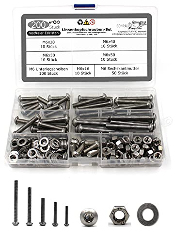 DSM – 200 teiliges Set Linsenkopfschrauben M6 – Torx – Edelstahl A2 | nach ISO 7380-1 [TrueSpec Präzision] Schrauben rostfrei – Vollgewinde, Halbrundkopf – Flachkopfschrauben Möbelschrauben