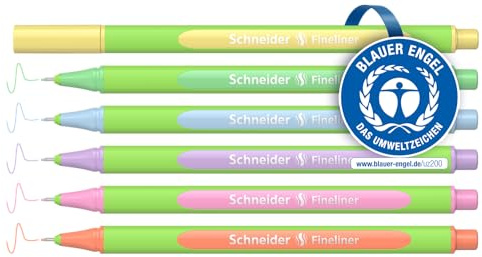 Schneider 191085 Line-Up Pastell Fineliner (Strichstärke 0,4 mm, aus biobasiertem Kunststoff, ausgezeichnet mit Der blaue Engel) 6 Stück, sortiert