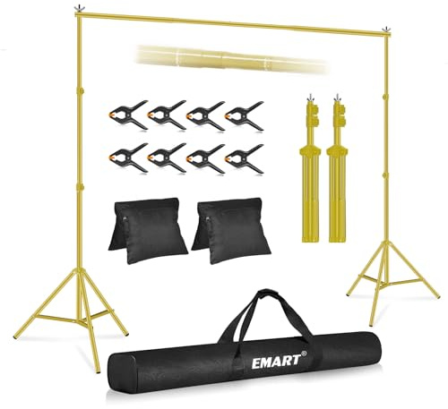 EMART Support Fond Photo Or, 2x3m de Support Toile de Fond Réglable avec 8 Pinces, 2 Sacs de Sable et Sac de Transport pour Studio Photo, Vidéo, Fête, Mariage-Or