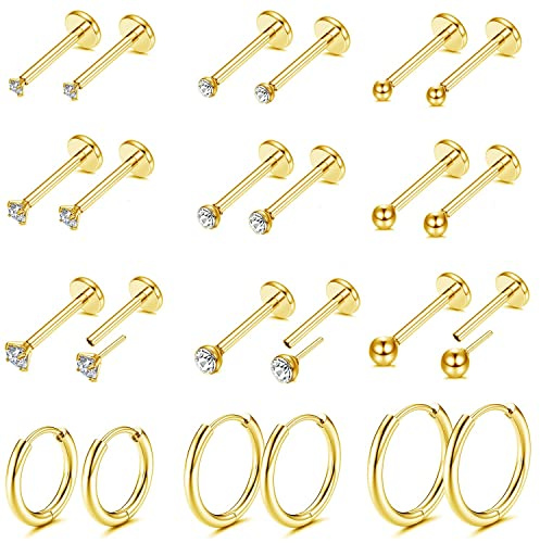 Diamday 12 par örhängen set för flera piercingar, små knoppörhängen, 14K guldpläterade örhängen i rostfritt stål, små guld platt baksida örhängen för kvinnor broskring örhängen, Metall Rostfritt stål
