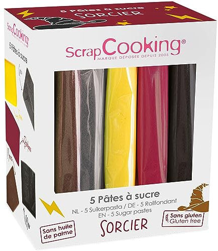 ScrapCooking - Lot de 5 Pâtes à Sucre Sorcier - Jaune, Bordeaux, Marron, Gris, Noir - 5 x 80 g - Pour Gâteaux Biscuits Décors Pâtisseries - Thème Magie Sorcellerie - Anniversaire, Halloween - 7248
