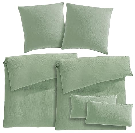 Pure Label Musselin Bettwäsche 135x200 - 6-teilig: Bettbezug 135 x 200 + Kissenbezüge 80x80 & 40x80 aus Baumwolle - Weiche Bettwäsche in Grün