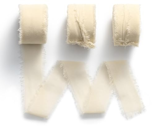 MORSUNBELA Geschenkband Chiffon Nude Seidenband Hochzeit Schleifenband Dekoband Taufe Festival Bänder Chiffonband Fransen 2,5 cm x 19 m,Champagner