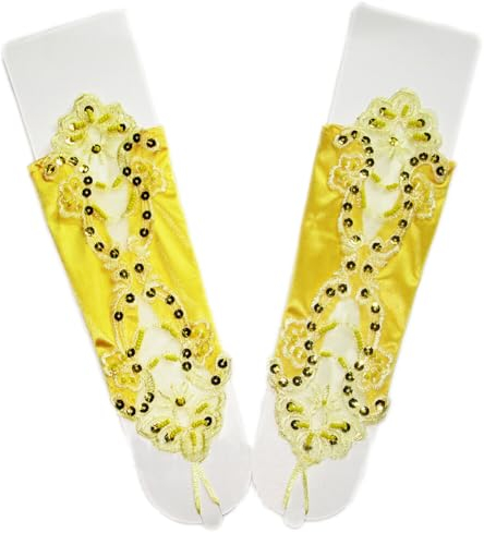 Asudaro Pailletten Spitze Satin Handschuhe Fingerlose Strass Brauthandschuhe Bestickte Handschuhe Abendhandschuhe Spitze Hochzeit Fingerring Prinzessin Handschuhe Prom Maskerade Tee Party Gelb