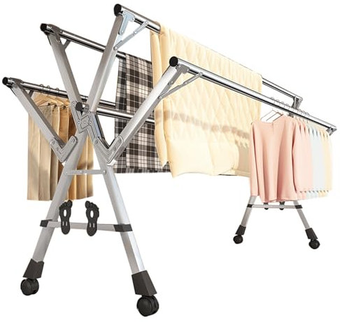 Etendoir Linge Retractable 200cm, Etandage à Linge Intérieur Pliable avec roulettes, Poteaux à Linge Extérieur INOX, Séchoir à Linge Extérieur Grande Capacité, RéGlable en Hauteur