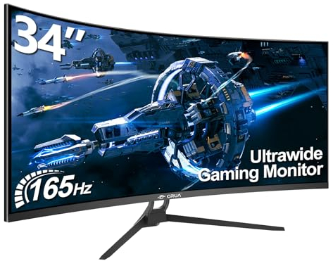 CRUA 34 Zoll UltraWide Curved Gaming Monitor, WQHD 3440x1440, 165Hz, 1ms VRB, Höhenverstellbar, FreeSync Premium, 1500R Krümmung, DP 1.4 & HDMI, Randloses Design für Ultimatives Gaming-Erlebnis