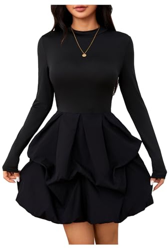 MakeMeChic Women's Long Sleeve Mini Dress Ruffle Mock Turtle Neck A Line Wedding Party Short Dresses Black Small