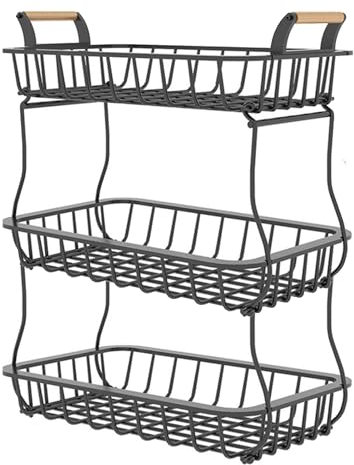 BAYINBROOK Fruteros de Cocina de 3 Niveles, Cesta de Frutas de 2 Niveles, Soporte de Almacenamiento de Aperitivos, Soporte de Alambre de Metal para Frutas, Verduras y Pan, para Encimera de Cocina (A)