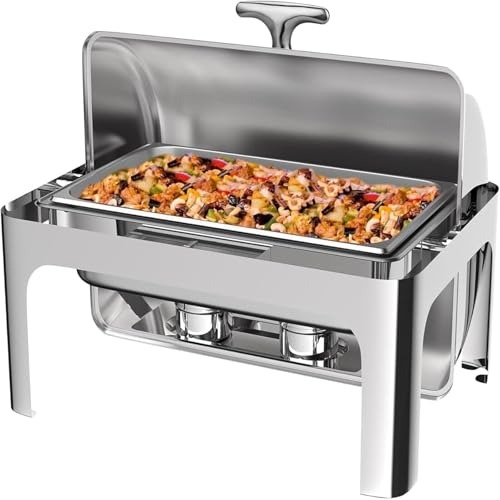9QT Food Warmer, Rectangular Chafing Dish Buffet Set with Visible Roll Top Food Tray Water Tra Fuel Rack for Weddings Parties Banquets Dining Events(One)