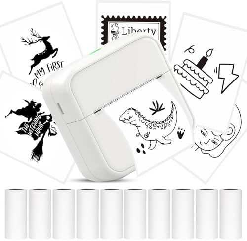HUIJUTCHEN Mini Drucker, Tragbarer Fotodrucker Bluetooth Thermodrucker Inklusiv Taschendrucker Aufkleber Drucker für iOS und Android mit 10 Rollen Thermopapier für Fotos, Notizen, Memos, DIY(Weiß)