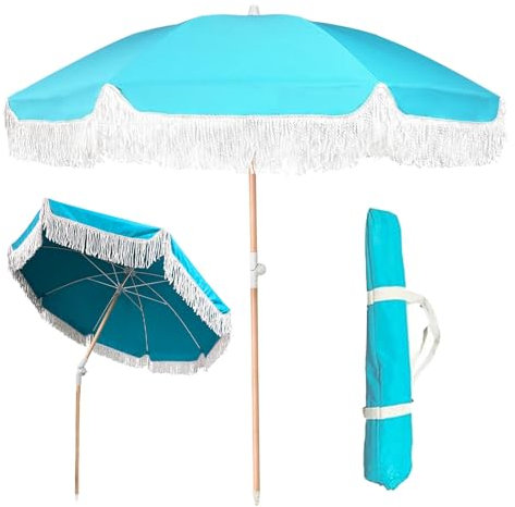 Ggipxalatyr Strandschirme für Sand, tragbar, Outdoor-Quasten-Regenschirm, Deck-Regenschirm mit Druckknopf, neigbar, UV-Schutz 50+, Gartenschirm, ideal für Reisen, Garten, Rasen, Pool, Hinterhof,