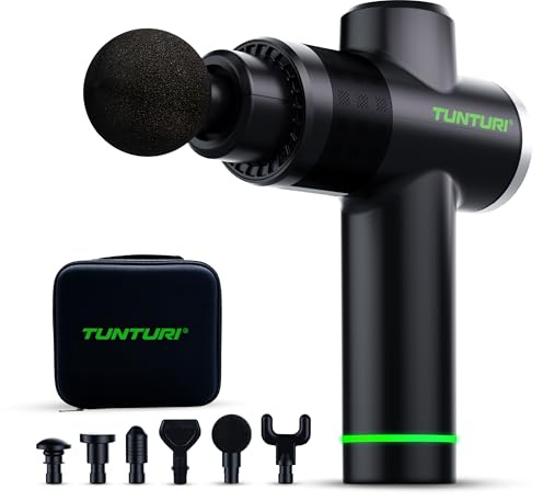Tunturi MG40 Massagepistole – Massagegerät mit Multi-Griff – Inklusive 6 Aufsätze und Koffer – Extra kraftvoll und leise – Inkl. App