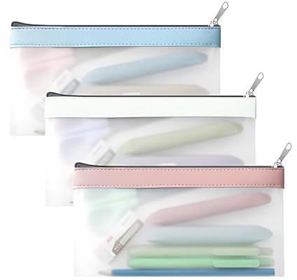 QOWUXHZ 3 Stück Durchscheinend Federmäppchen Groß Kapazität Mäppchen Small Fresh Stiftetasche Für Reise Kosmetiktasche Portable Bürobedarf For Students And Adults Pencil Case Weiss Rosa Blau