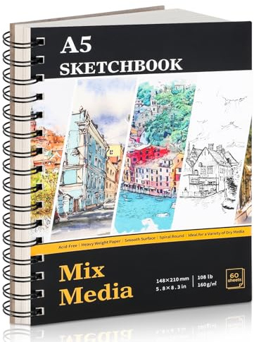 A5 Sketch Book, Mixed Media Sketchbook 60 Sheets / 120 Pages, 160GSM, Spiral Artist Sketch Pad for Sketching, Drawing, Pastel, Acrylic, Craft