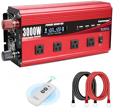 Cantonape 3000W Power Inverter 12V to 110V/120V DC to AC with LCD Display, Remote Controller 4 x AC Outlets and 4 x 3.1A USB Car Adapter for Car Truck Boat RV Solar System