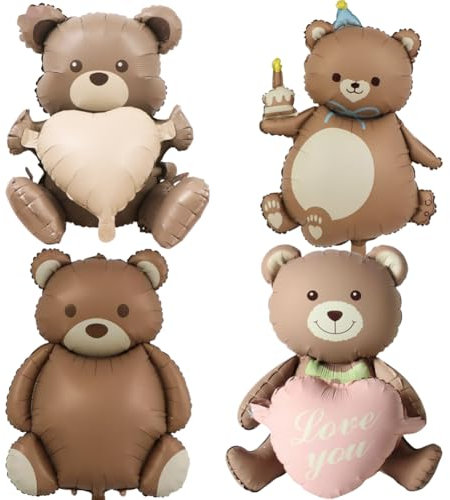 Globos de oso, Bear Foil Balloons,Oso decorativo para cumpleaños, globos de oso pardo, globos de papel de aluminio para San Valentín, decoración de boda, compromiso, cumpleaños,4PCS