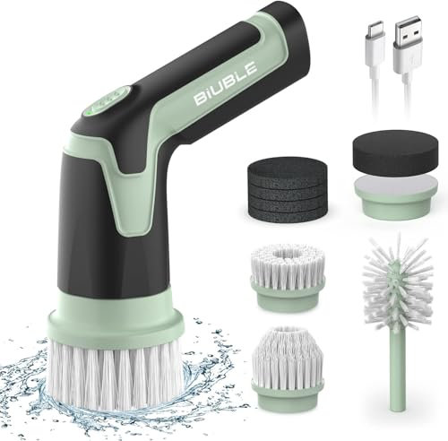 BIUBLE Electric Cleaning Brush, Electric Spin Scrubber with 8 Pcs Scrubbing Brush set, Power Spin Scrubber Cordless 2 Rotating Speeds for Kitchen cooking utensils, Cups and bottles, Window,Tile