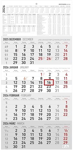 Zettler 4-Monatskalender 2026 – Wandkalender 30 × 63 cm mit Datumsschieber, 4 Monate pro Blatt, Monatsübersicht Dez. 2025–Jan. 2027, 4-sprachig DE/FR/IT/GB, Feiertage & Ferien, FSC-zertifiziert