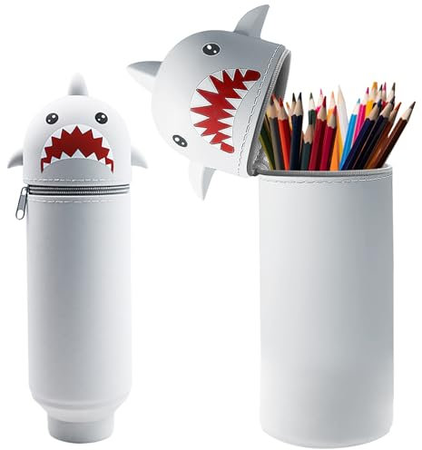 Healife 2 in 1 Weiche Silikontasche kawaii Federmäppchen mit reißverschluss, buntstifte marker halter, büro uni schulbedarf, niedliche mädchen haie tasche in grau