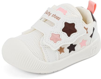 LACOFIA Zapatos Primeros Pasos Bebé Niñas Calzado Respetuoso Bebé Zapatillas Deporte con Suela Goma Antideslizante Bebé Blanco 18 EU(CN 16)