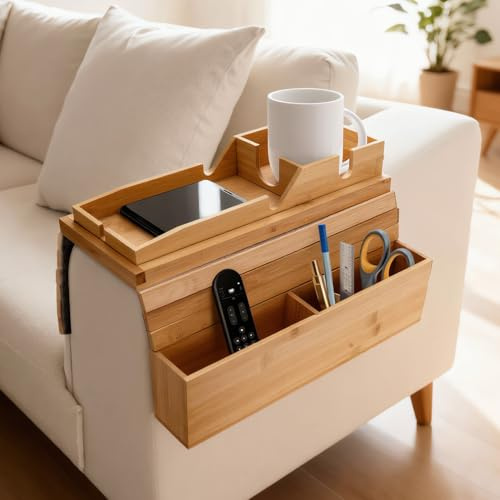 ANTREATU Bamboo Sofa Arm Tray, Anti-Slip Foldable Armchair Tray with Cup Holder, Phone Holder and Storage Compartments, Detachable Couch Arm Table Perfect for Drinks, Phone, Remote, Snacks, Magazines