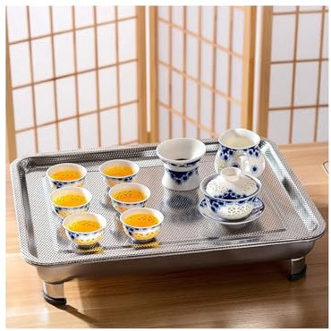 Plateau d'égouttage en Acier Inoxydable, Plateau à thé avec Orifice de vidange, Plateau Anti-Fuite Simple avec Base et Patins, Plateau de Service Alimentaire, A 60 x 40 cm/26 x 17 po