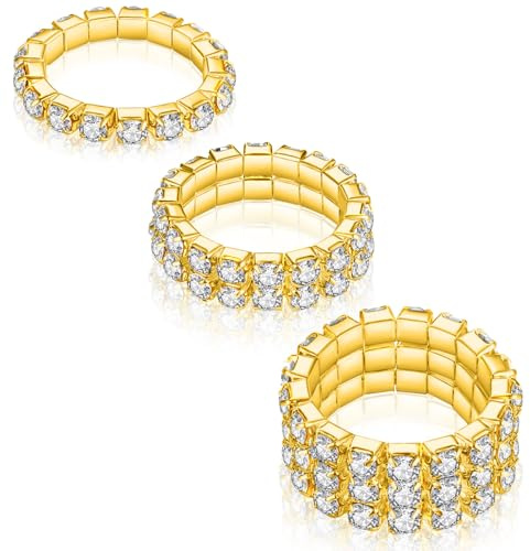 3 ST Strass Sträcka Ringa, LucBuy Mode Stapelbara Fingerringar i Kristall, Söta Tåring Kroppssmycken, Guld Diamant Elastiskt Band Ring Tillbehör, Glittrande Tumme Pinky Ring för Kvinnor