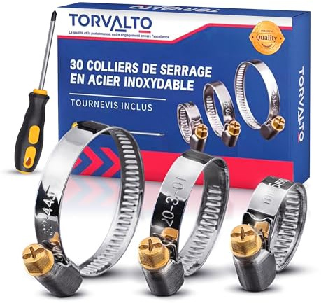 TORVALTO – Coffret 30 Colliers de Serrage Inox 8-50 mm Robuste + Tournevis OFFERT, Anti-Corrosion pour Voiture, Moto, Plomberie, Jardinage, Piscine, Lave-Linge, Chauffage, Climatisation, Bricolage